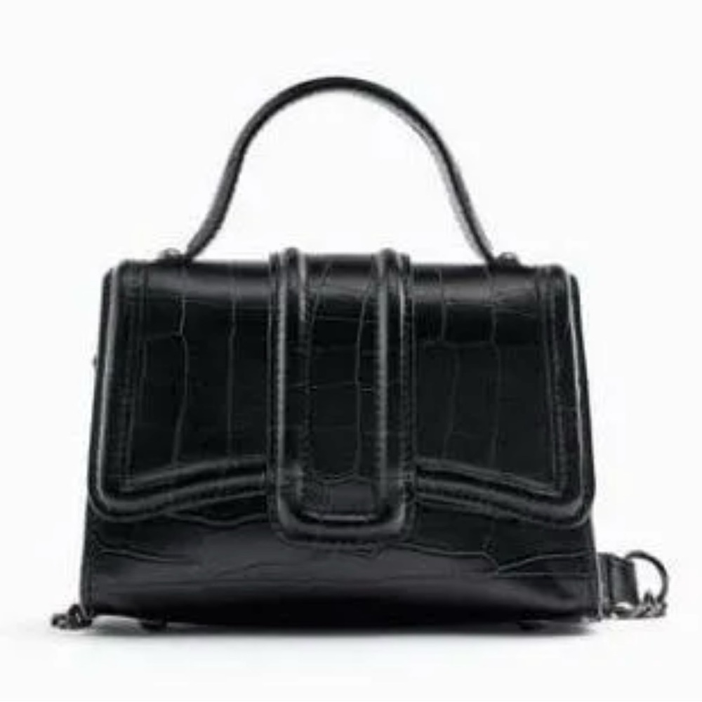 Zara mini city bag Elegant Black Crocodile-Embossed Handbag